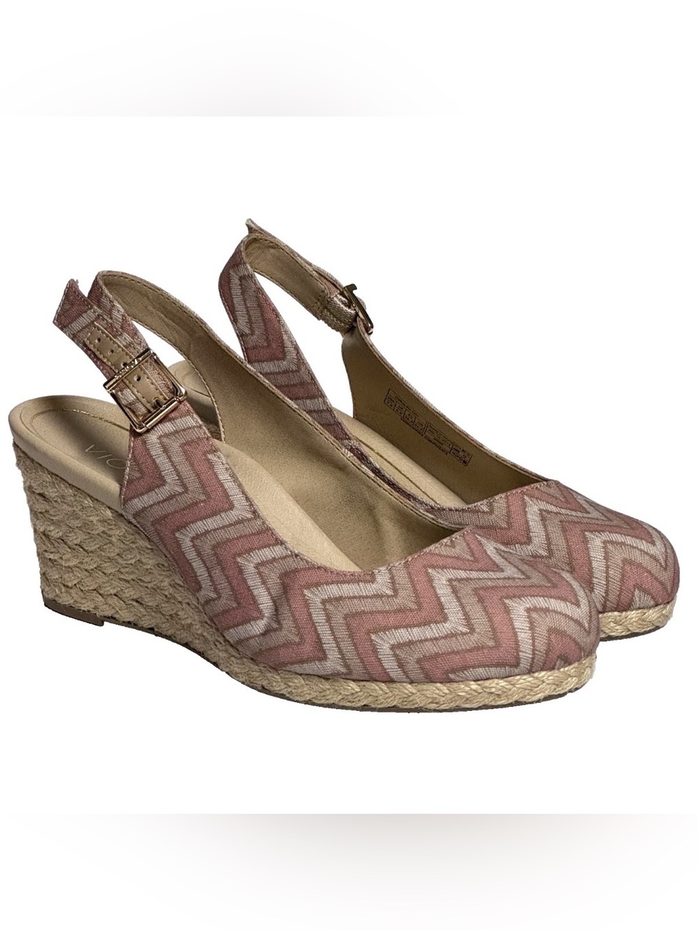 Vionic Coralina Chevron Pink Womens 7.5W Wide Espadrilles Wedge Comfort Heels